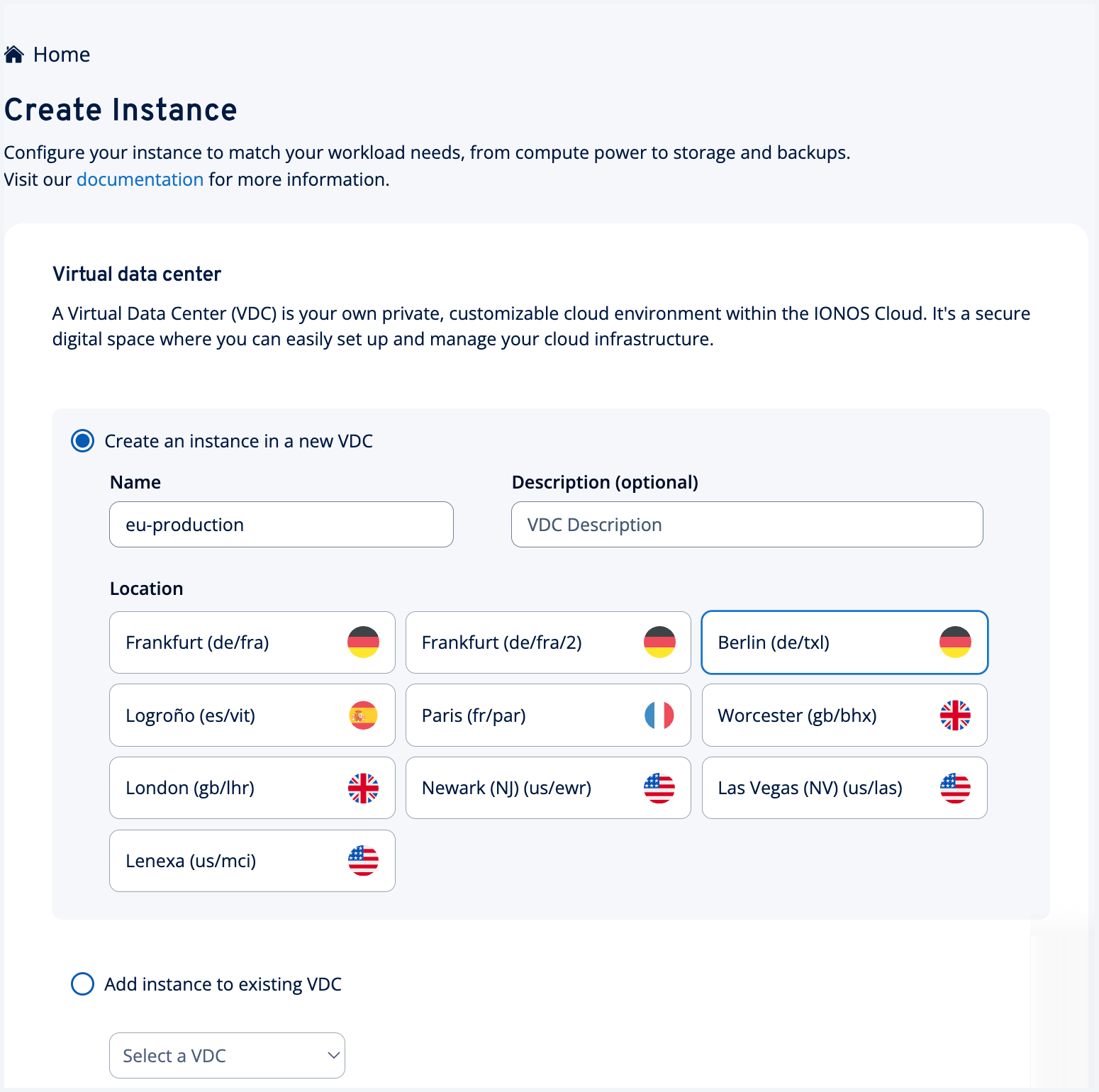 Create or select an existing VDC